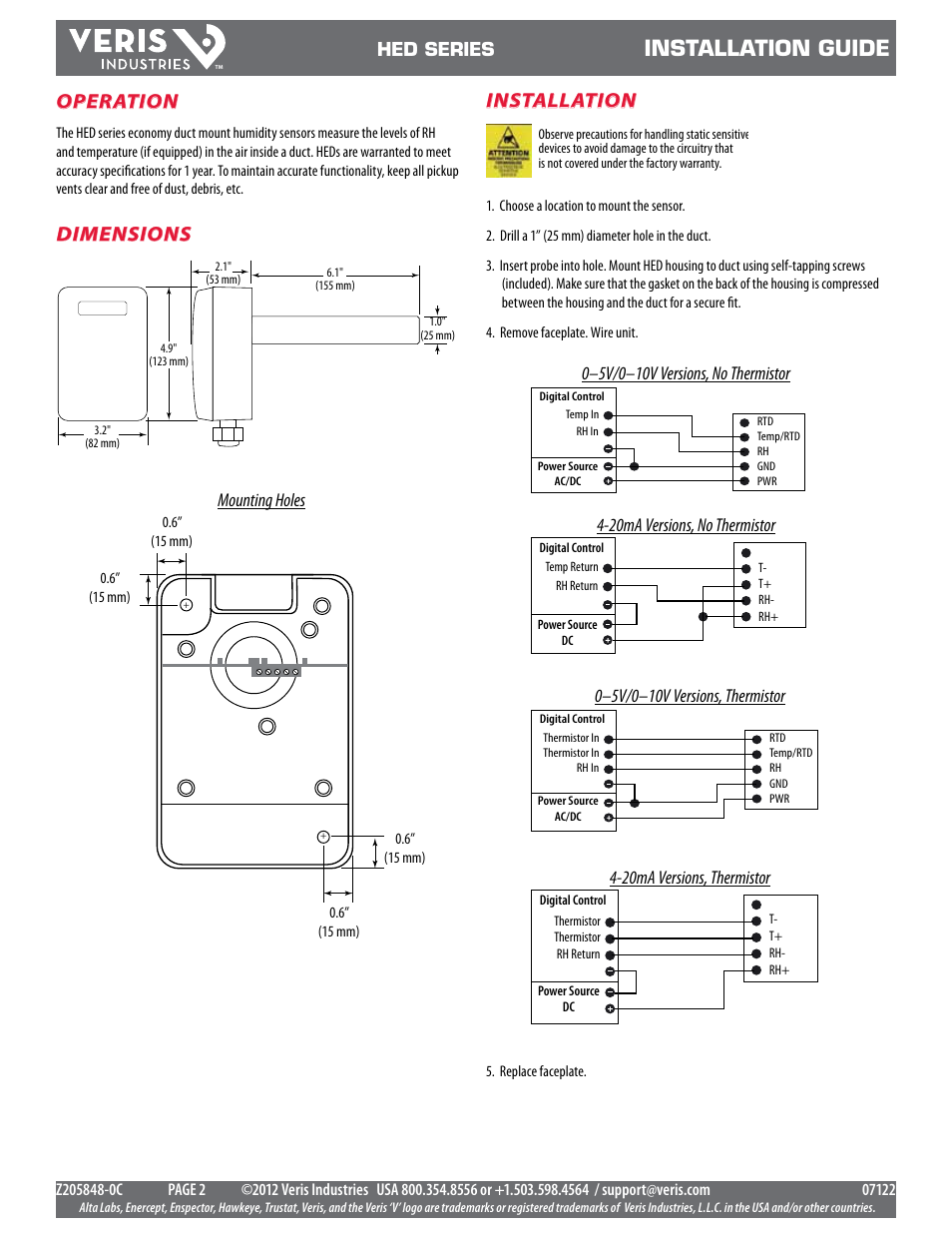 Installation guide, Dimensions, Operation | Installation, Hed series, Mounting holes | Veris Industries HED SERIES Install User Manual | Page 2 / 2