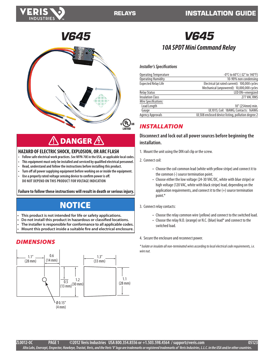 Veris Industries V645 Install User Manual | 2 pages