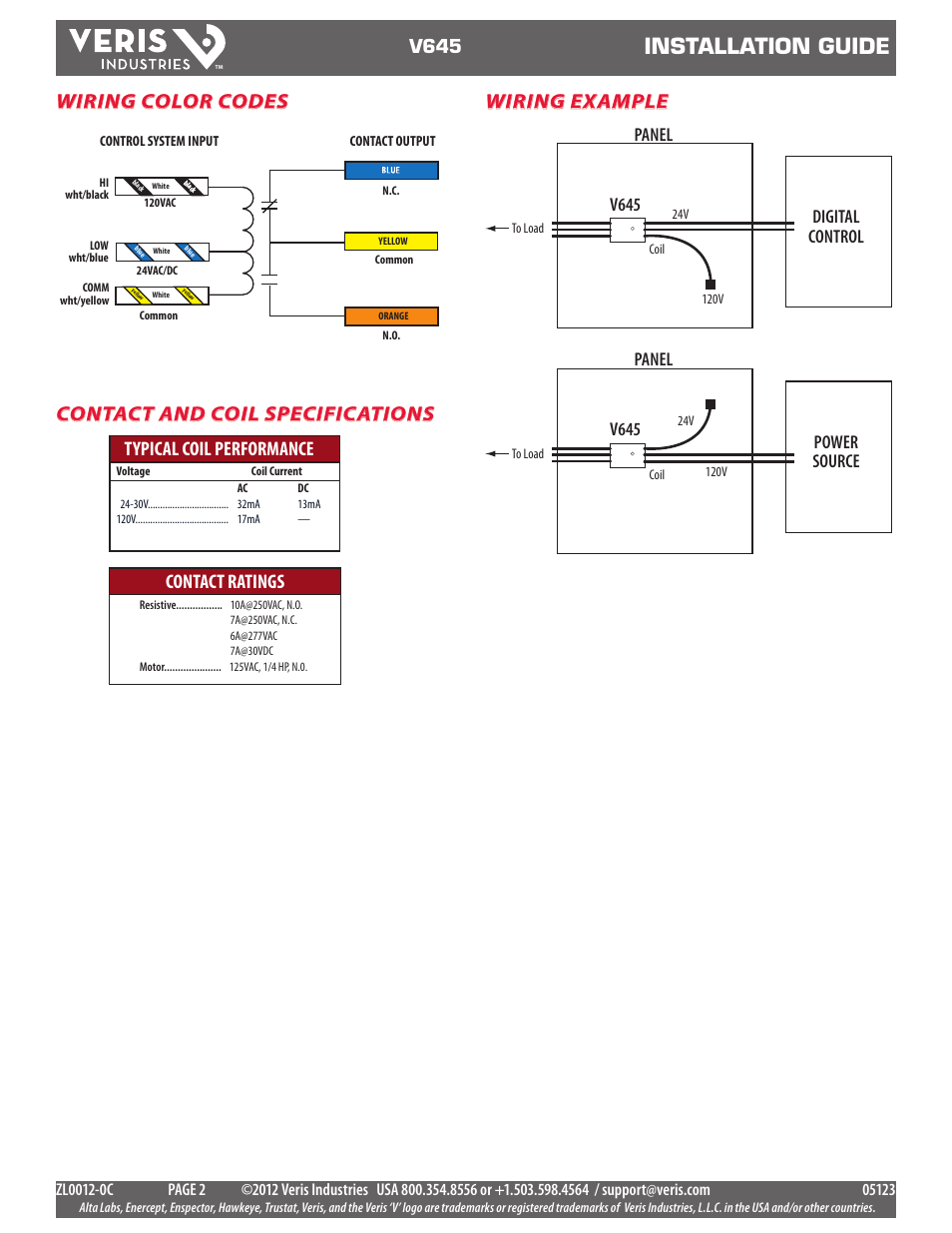 Installation guide, Typical coil performance, Contact ratings | V645, Digital control panel, Power source panel | Veris Industries V645 Install User Manual | Page 2 / 2