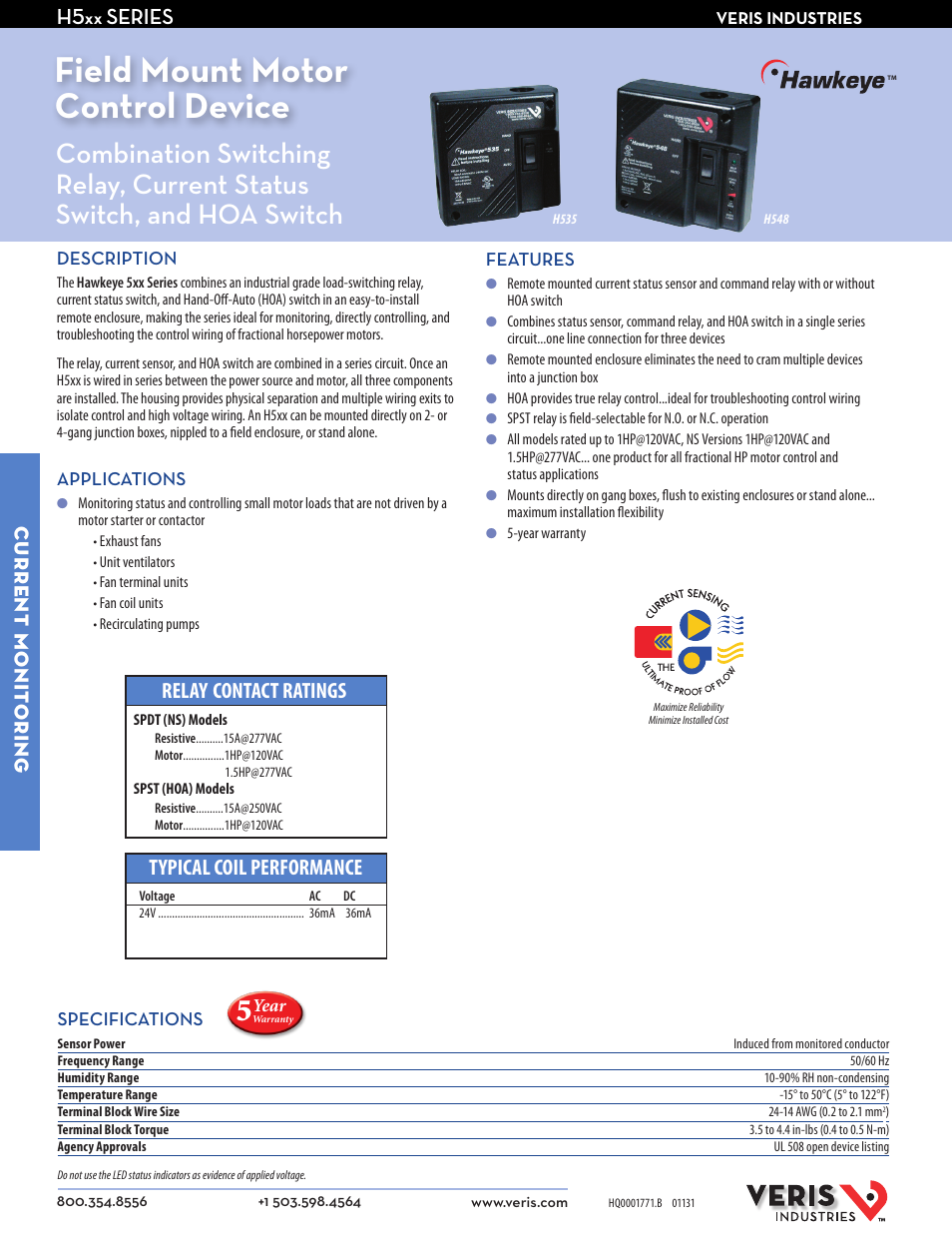 Veris Industries H5xx SERIES Datasheet User Manual | 2 pages