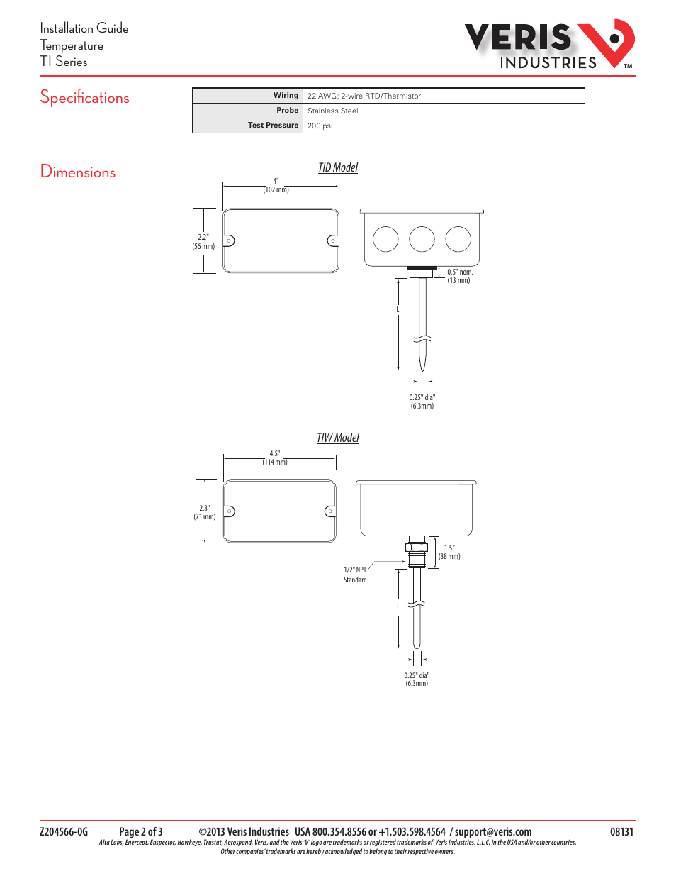 Specifications dimensions, Installation guide temperature ti series, Tid model | Tiw model | Veris Industries TI SERIES Install User Manual | Page 2 / 3