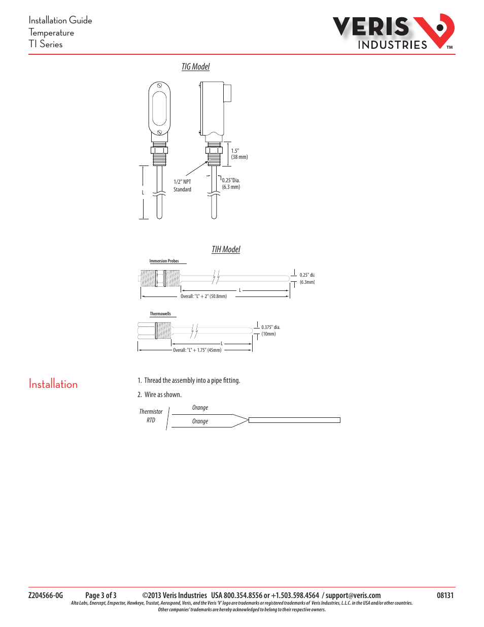 Installation, Installation guide temperature ti series, Tig model tih model | Veris Industries TI SERIES Install User Manual | Page 3 / 3