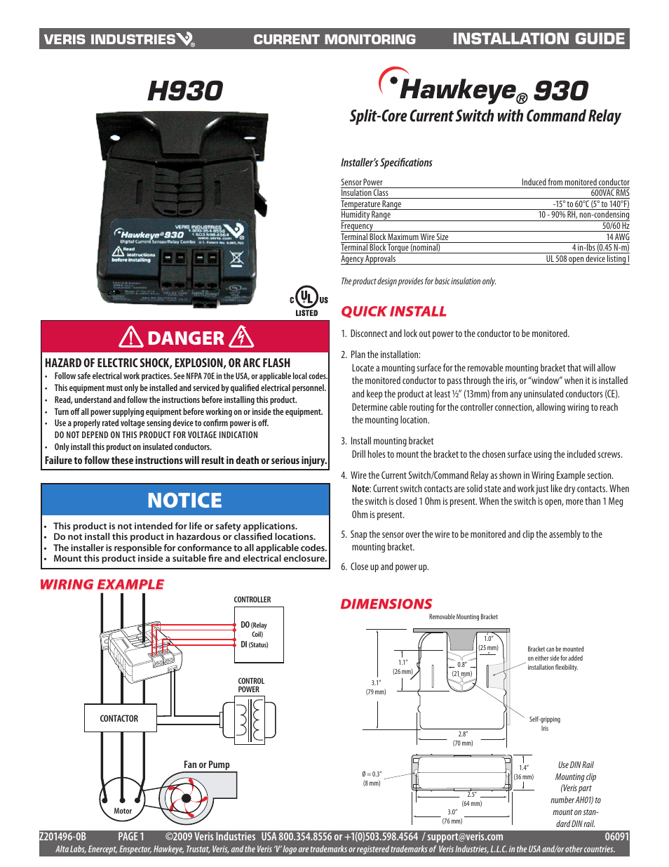 Veris Industries H930 Install User Manual | 2 pages