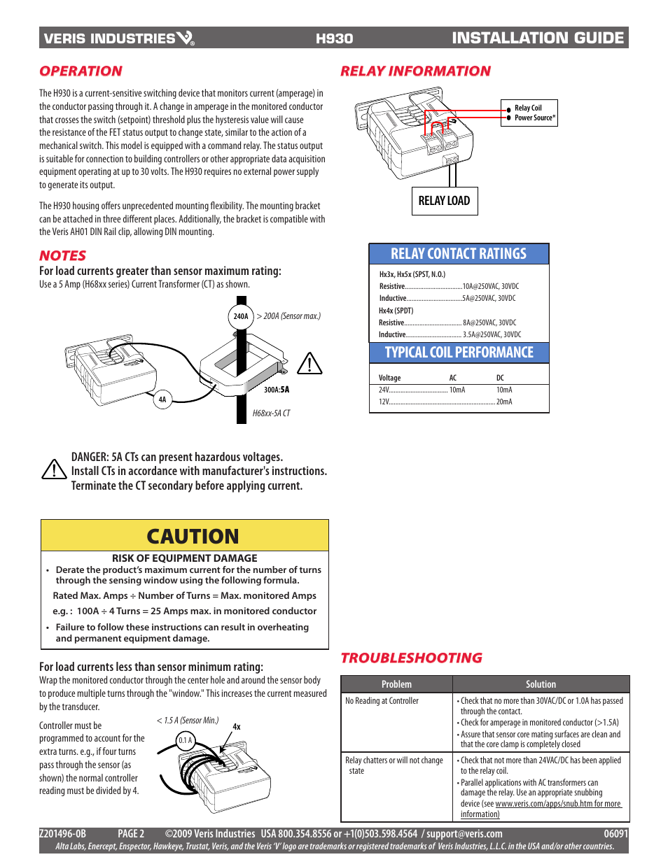 Caution, Typical coil performance, Relay contact ratings | Installation guide, Operation, Troubleshooting, Relay information, Relay load | Veris Industries H930 Install User Manual | Page 2 / 2