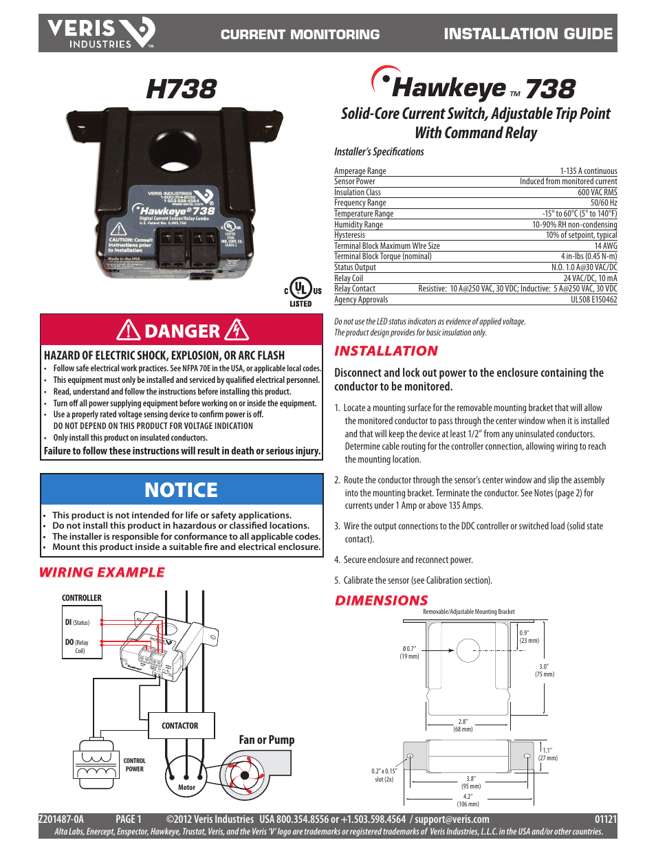 Veris Industries H738 Install User Manual | 2 pages
