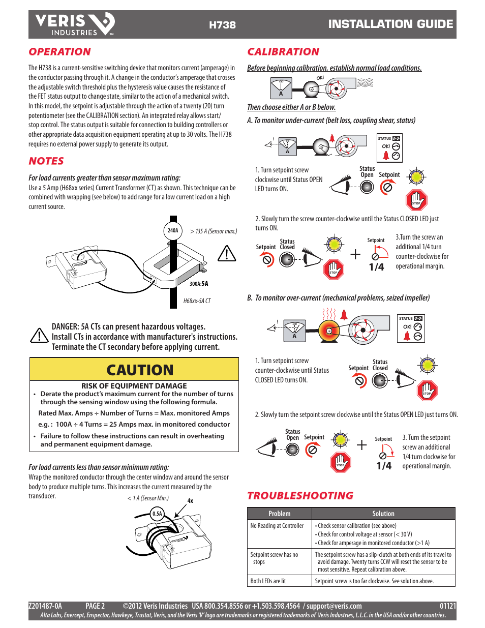 Caution, Installation guide, Operation | Troubleshooting, Calibration, H738 | Veris Industries H738 Install User Manual | Page 2 / 2