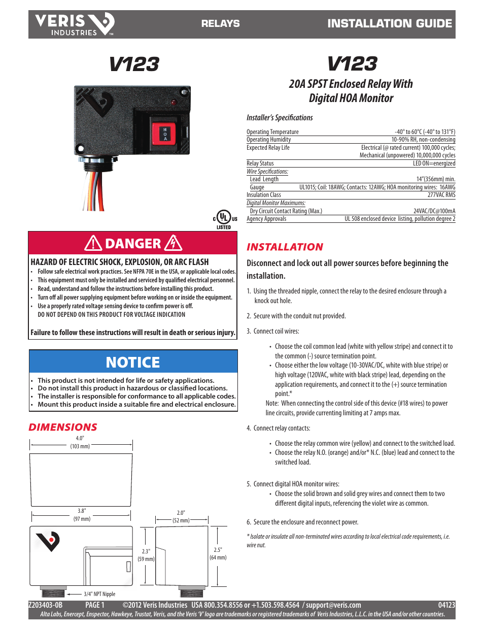 Veris Industries V123 Install User Manual | 2 pages