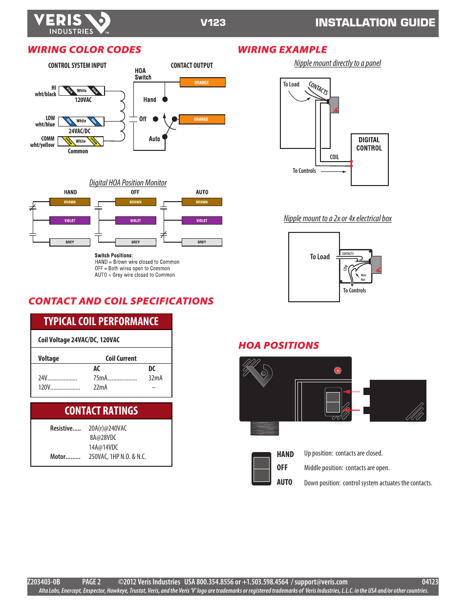 Typical coil performance contact ratings, Installation guide, Wiring color codes contact and coil specifications | Hoa positions wiring example | Veris Industries V123 Install User Manual | Page 2 / 2