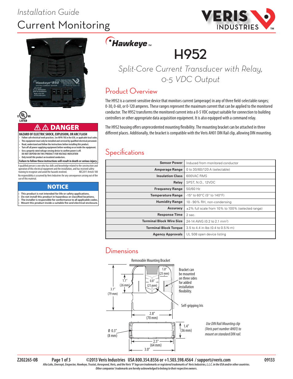 Veris Industries H952 Install User Manual | 3 pages