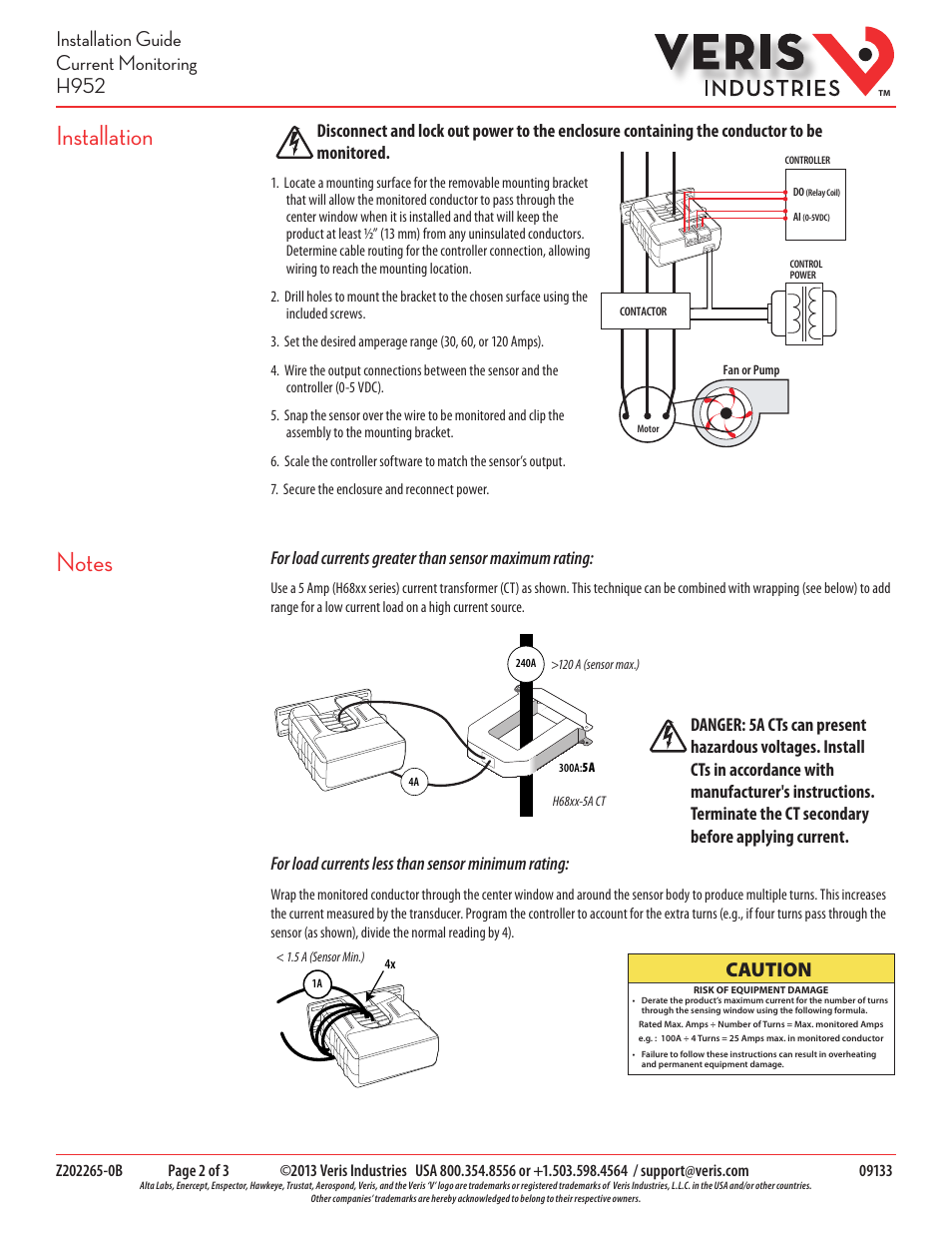 Installation guide current monitoring h952, Caution | Veris Industries H952 Install User Manual | Page 2 / 3