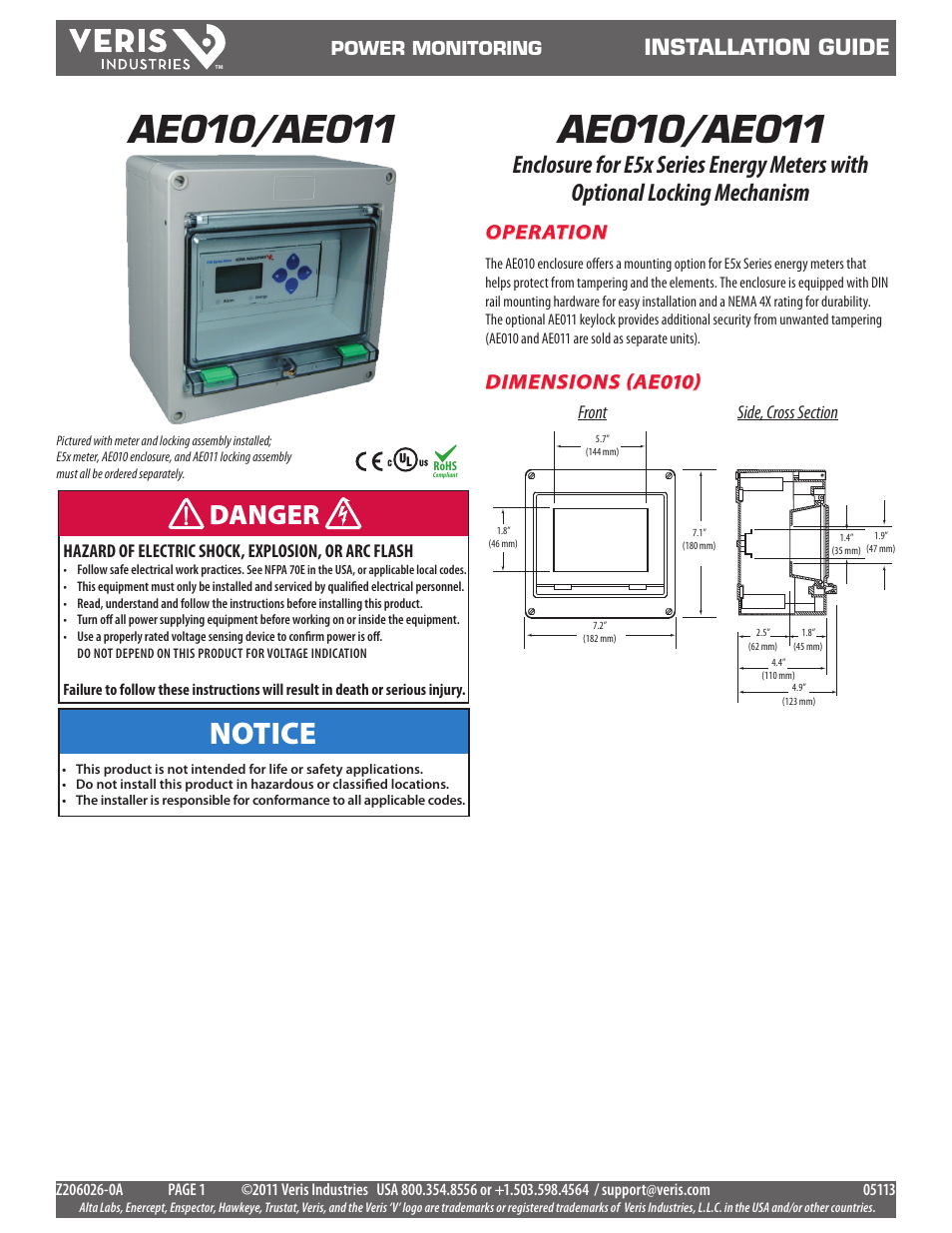 Veris Industries AE011 Install User Manual | 4 pages