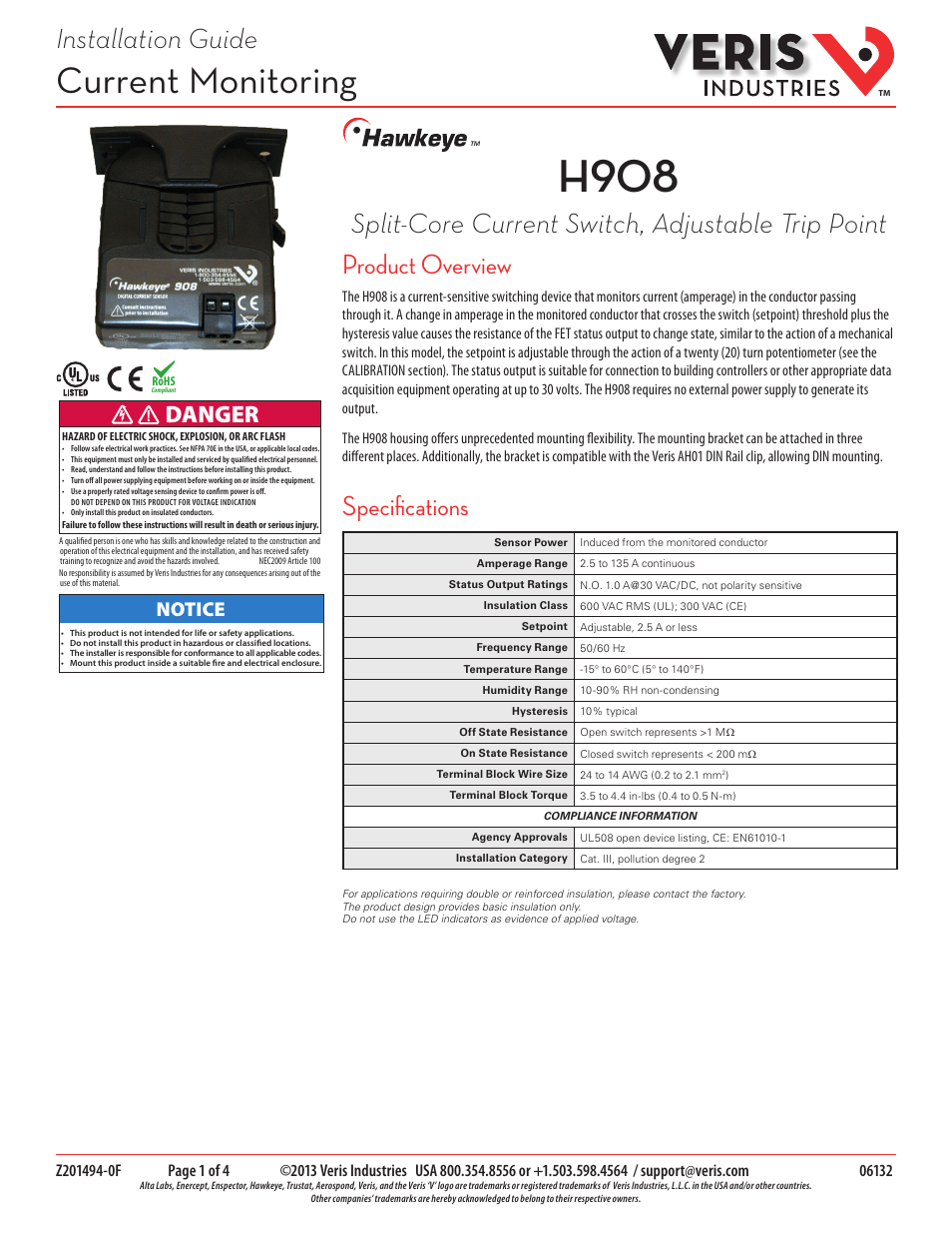 Veris Industries H908 Install User Manual | 4 pages