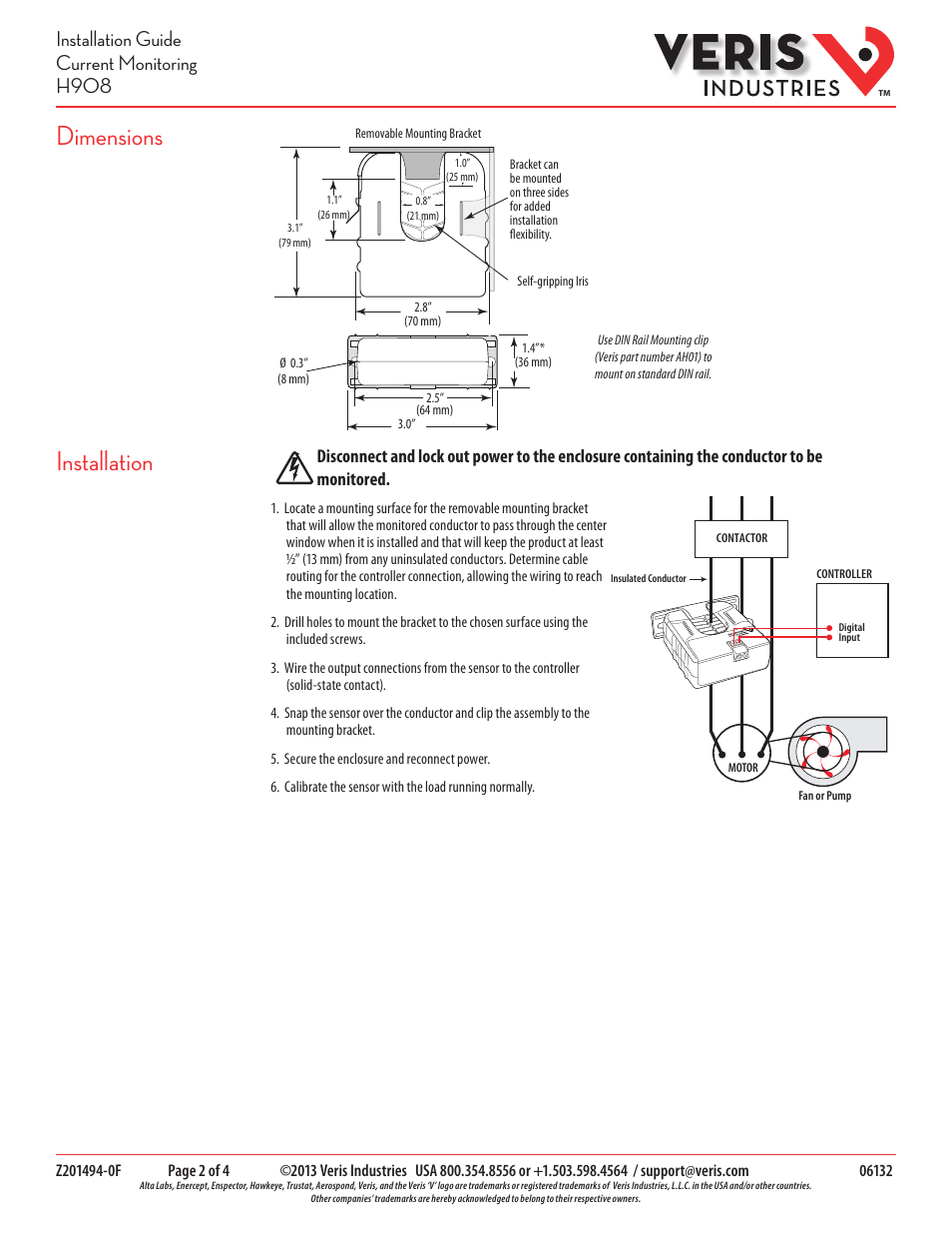 Installation dimensions, Installation guide current monitoring h908 | Veris Industries H908 Install User Manual | Page 2 / 4