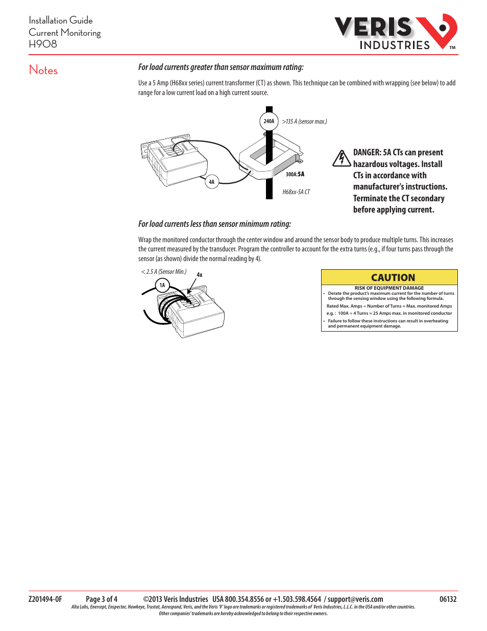 Installation guide current monitoring h908, Caution | Veris Industries H908 Install User Manual | Page 3 / 4