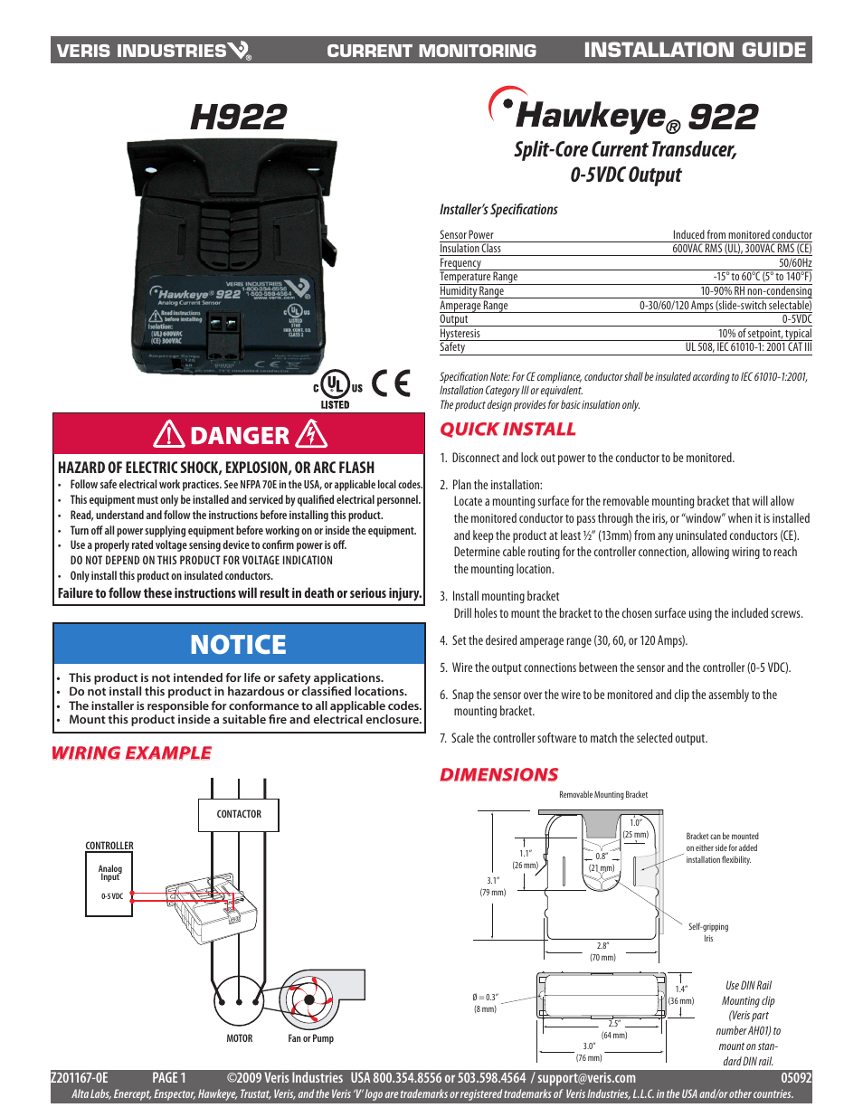 Veris Industries H922 Install User Manual | 2 pages