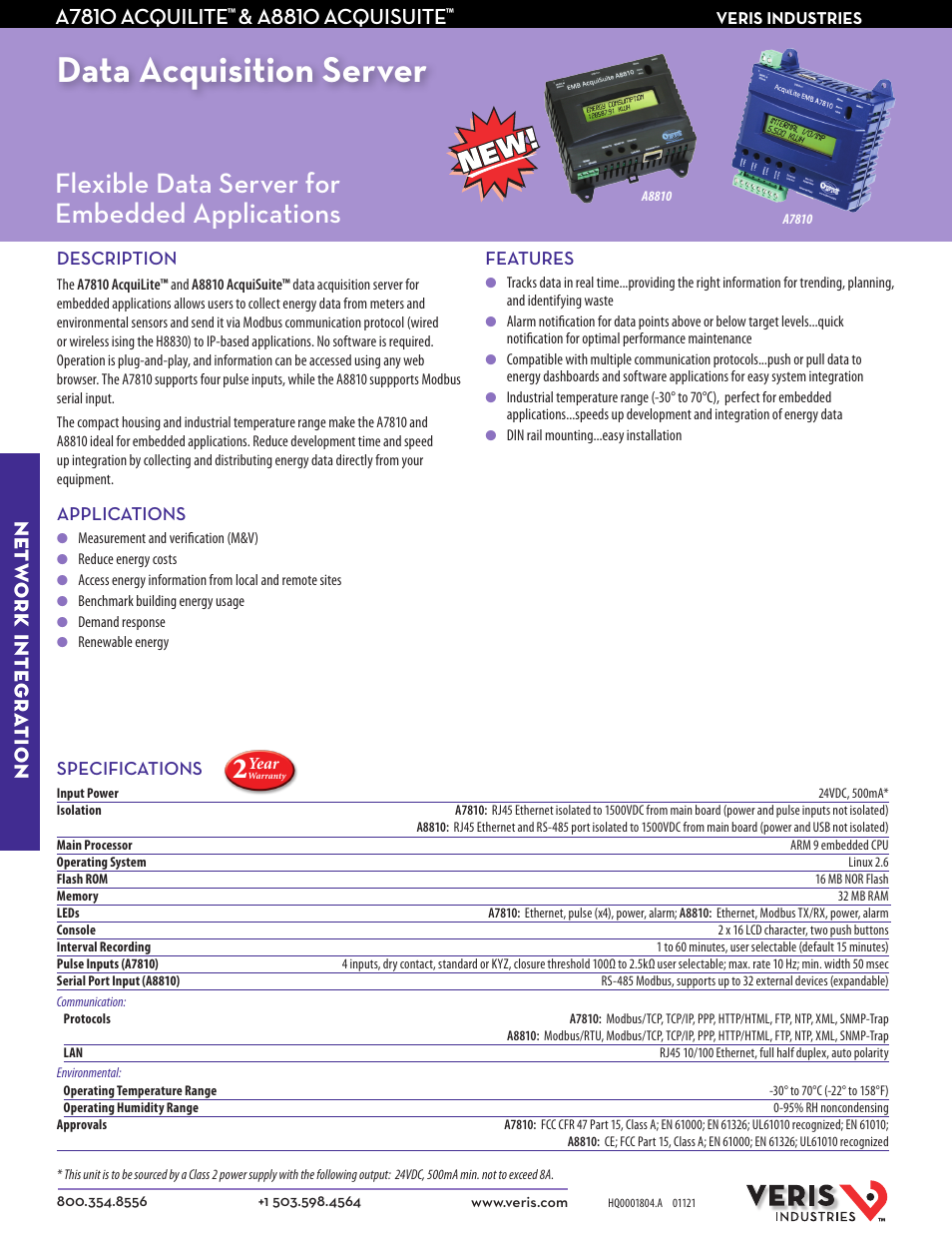 Veris Industries A8810 ACQUISUITE Datasheet User Manual | 2 pages