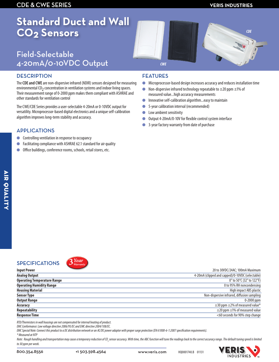 Veris Industries CWE SERIES Datasheet User Manual | 2 pages