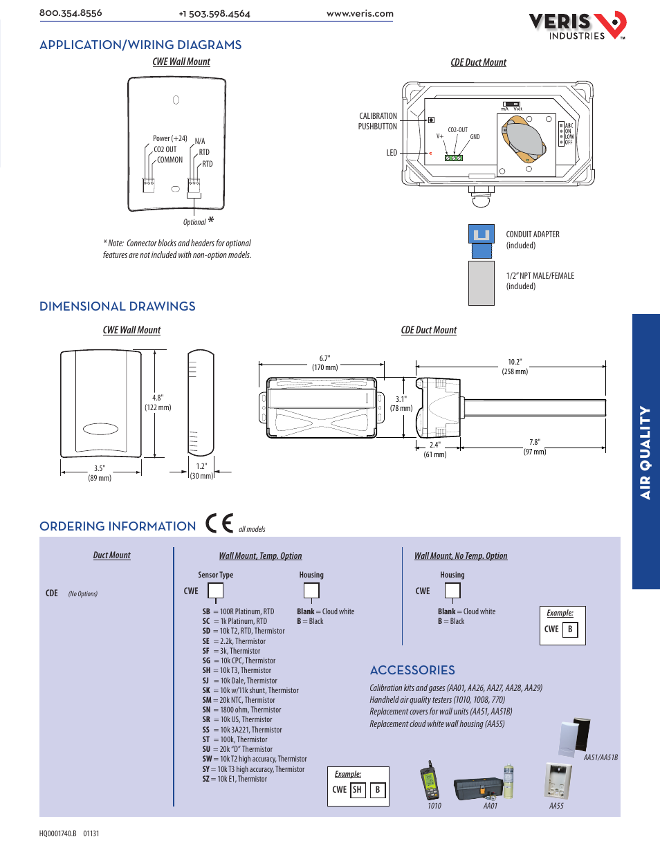 Air qu alit y, Application/wiring diagrams dimensional drawings, Accessories | Ordering information | Veris Industries CWE SERIES Datasheet User Manual | Page 2 / 2