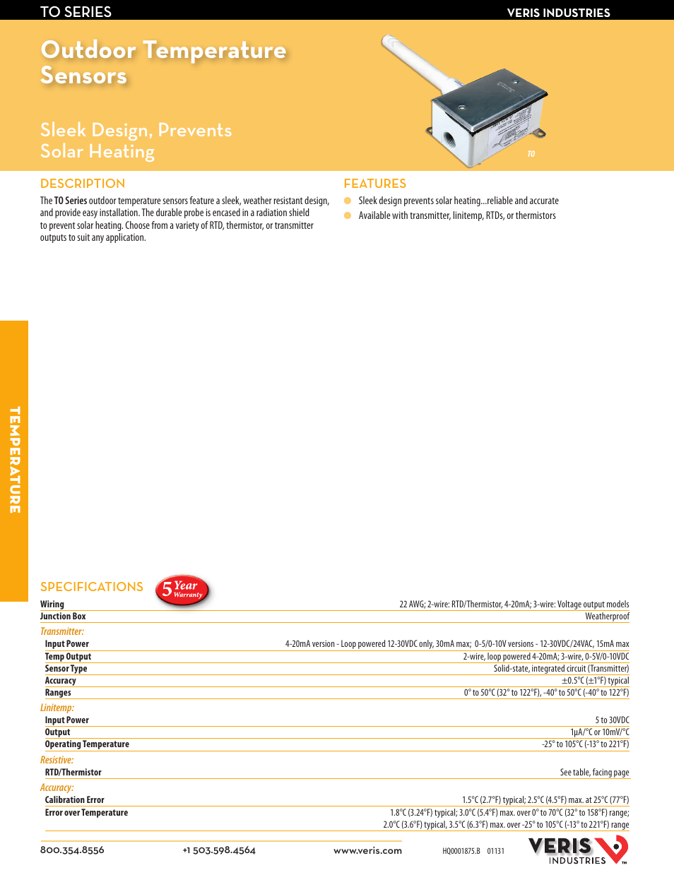 Veris Industries TO SERIES Datasheet User Manual | 2 pages