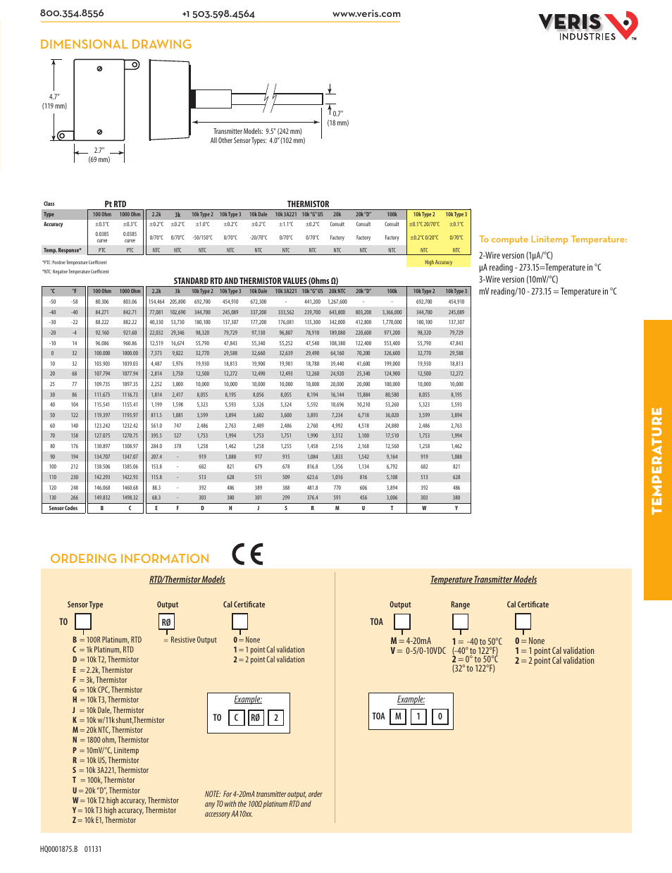 Table of standard rtd and thermistor values, Te mpera ture, Dimensional drawing | Ordering information, Example: toa m 1 0 example: to c rø 2 rø | Veris Industries TO SERIES Datasheet User Manual | Page 2 / 2