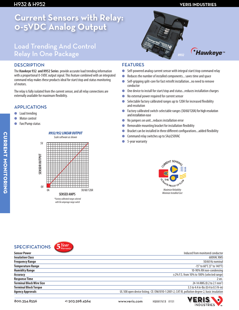 Veris Industries H932 Datasheet User Manual | 2 pages
