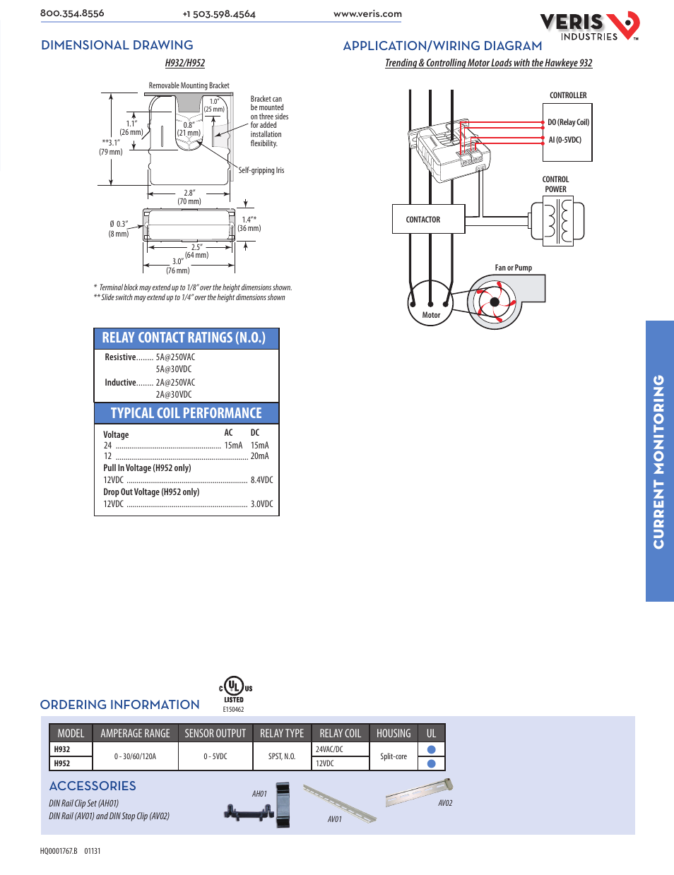 Typical coil performance, Contact ratings (n.o.) relay, Current monit oring | Dimensional drawing application/wiring diagram, Ordering information, Accessories | Veris Industries H932 Datasheet User Manual | Page 2 / 2