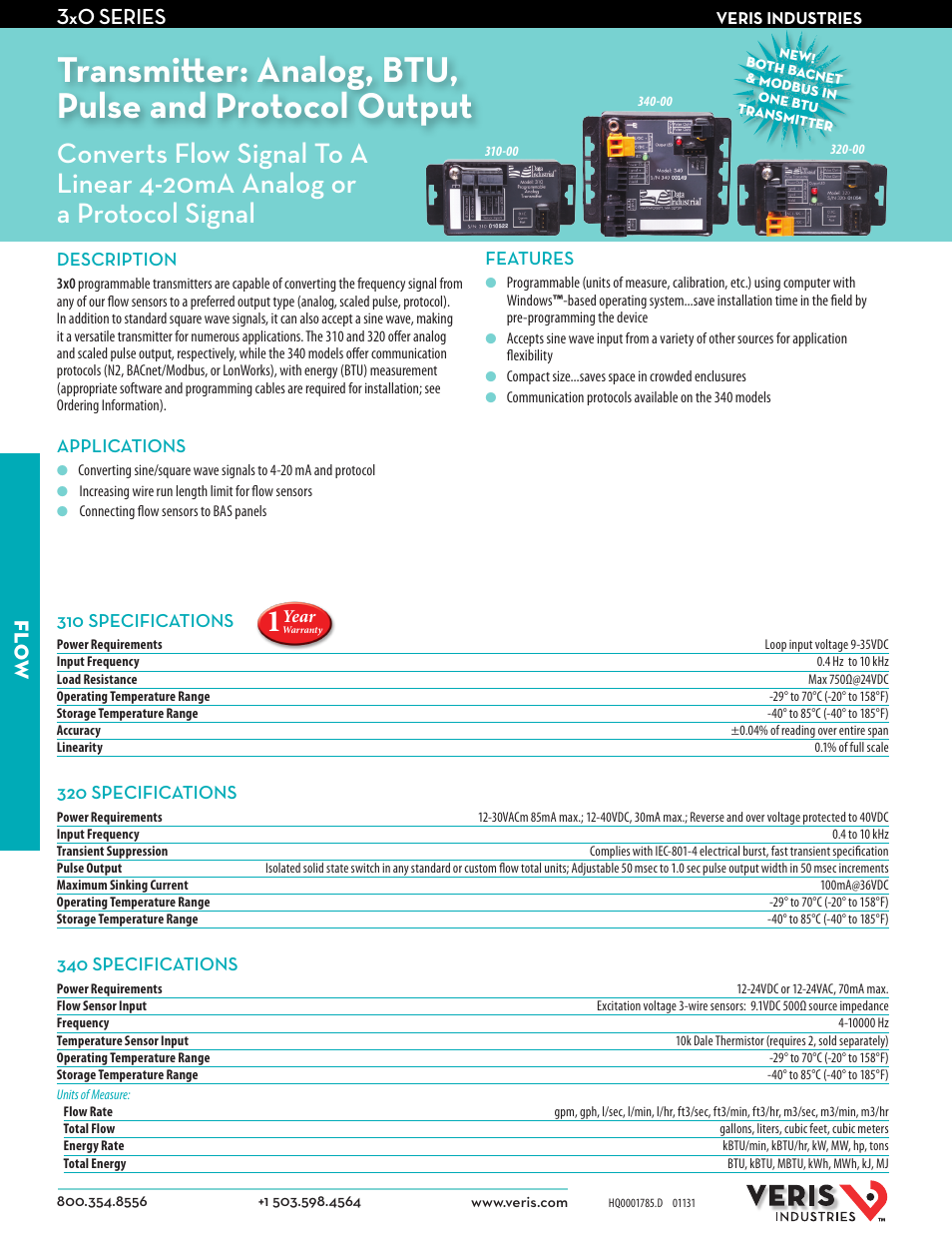 Veris Industries 3x0 SERIES Datasheet User Manual | 2 pages