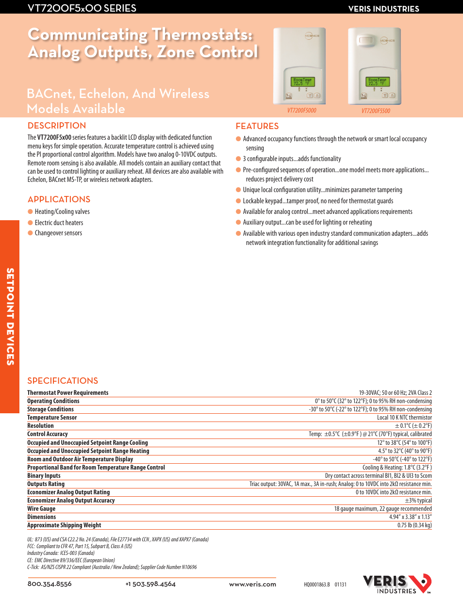 Veris Industries VT7200F5x00 SERIES Datasheet User Manual | 2 pages