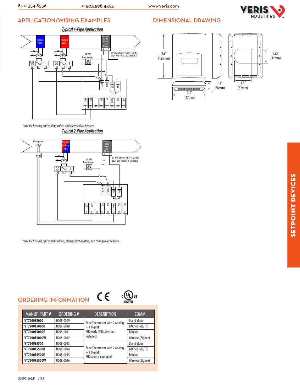 Setp oint de vices, Dimensional drawing, Application/wiring examples | Ordering information, Manuf. part # ordering # description comm | Veris Industries VT7200F5x00 SERIES Datasheet User Manual | Page 2 / 2