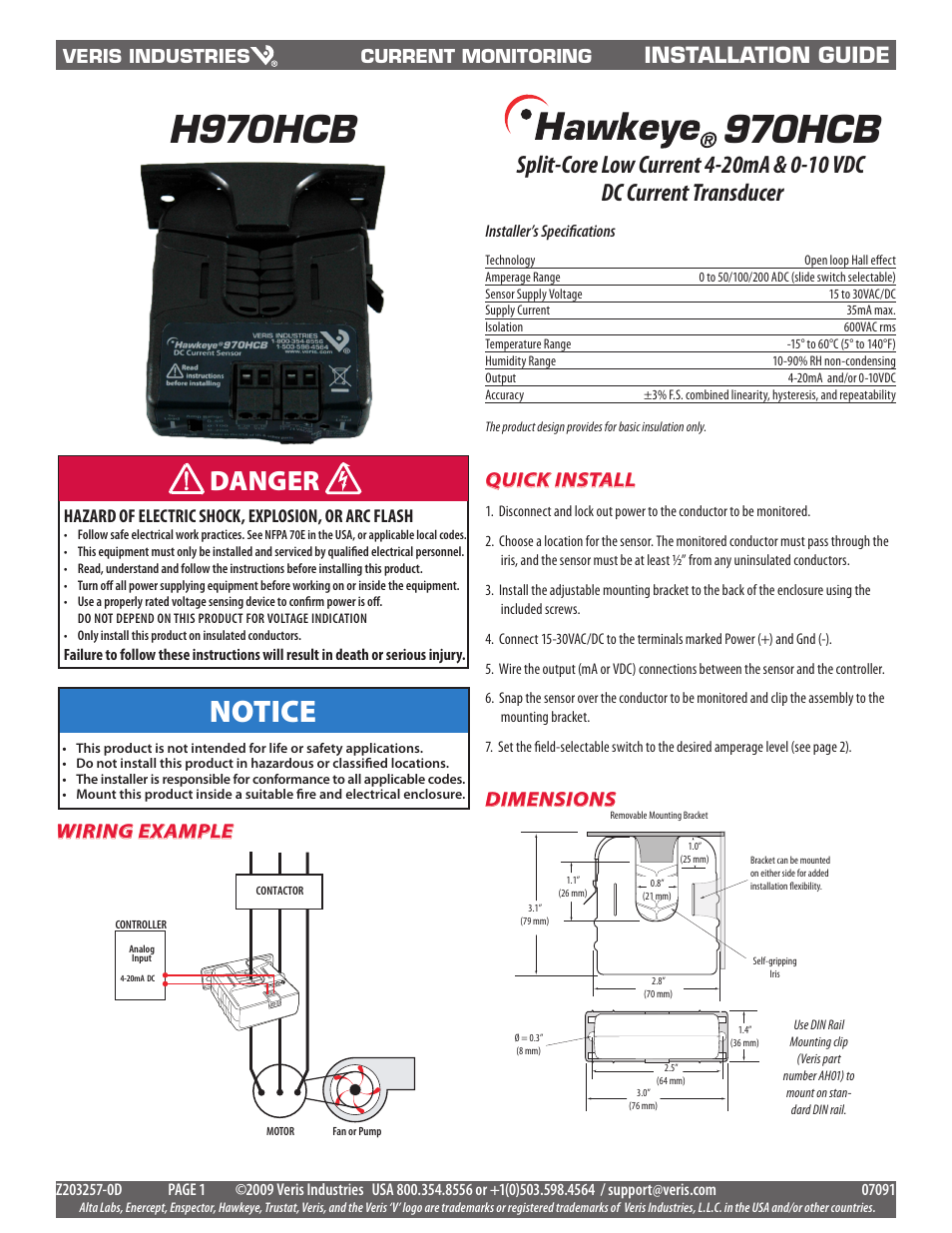 Veris Industries H970HCB Install User Manual | 2 pages