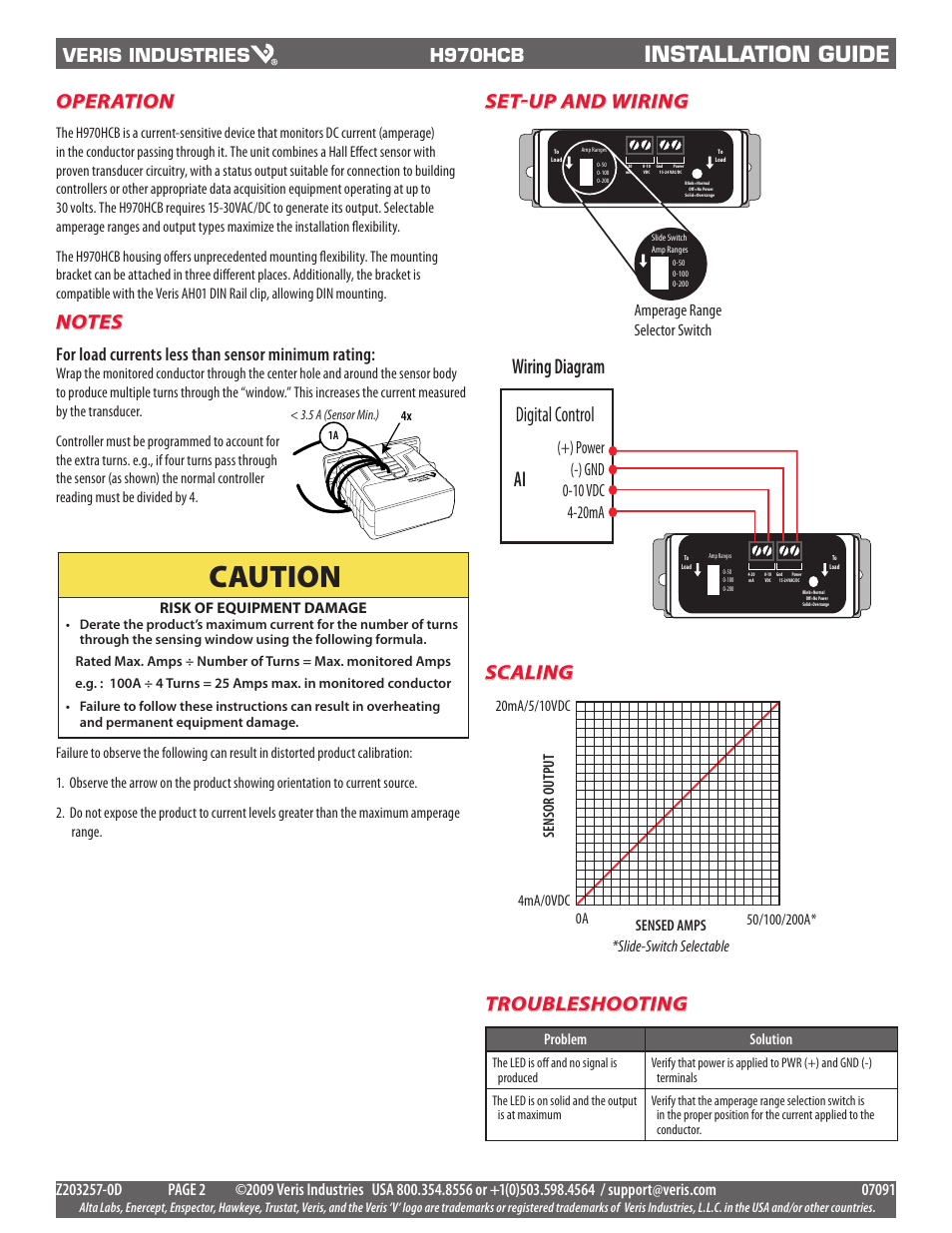 Caution, Installation guide, Wiring diagram digital control | Operation, Set-up and wiring, Scaling, Troubleshooting, H970hcb, For load currents less than sensor minimum rating, Sensor output | Veris Industries H970HCB Install User Manual | Page 2 / 2