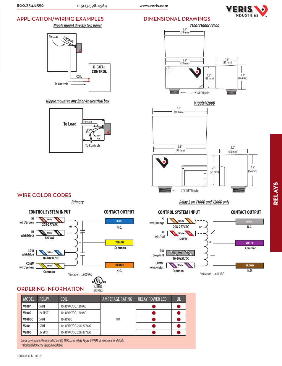 Rel ay s, Application/wiring examples dimensional drawings, Wire color codes | Ordering information, Contact output control system input | Veris Industries V200 SERIES Datasheet User Manual | Page 2 / 2