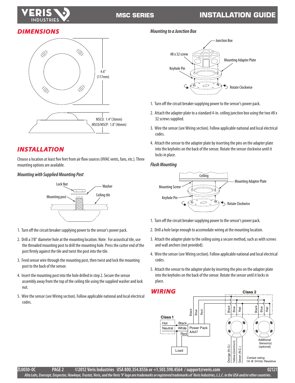 Installation guide, Installation, Wiring | Dimensions, Msc series, Mounting with supplied mounting post, Mounting to a junction box, Flush mounting | Veris Industries MSC SERIES Install User Manual | Page 2 / 3