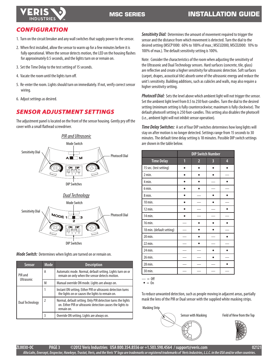 Installation guide, Sensor adjustment settings, Configuration | Msc series, Pir and ultrasonic, Dual technology | Veris Industries MSC SERIES Install User Manual | Page 3 / 3