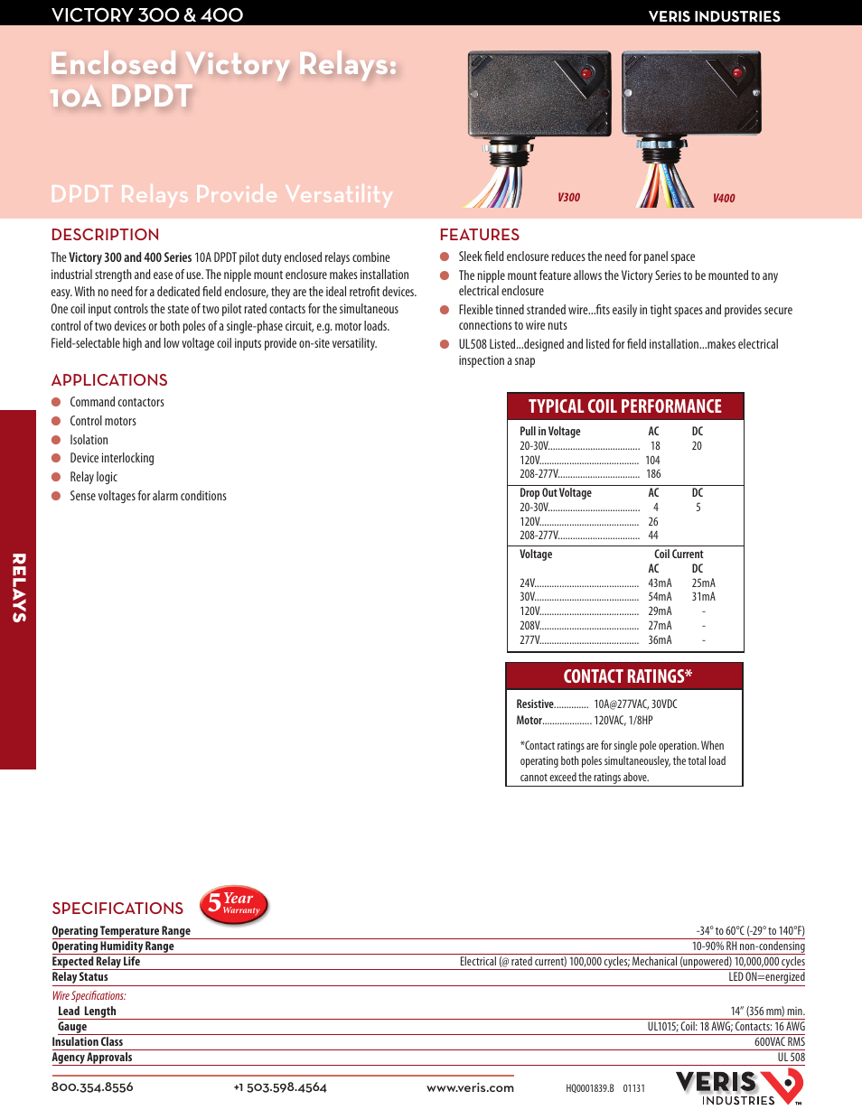 Veris Industries V400 SERIES Datasheet User Manual | 2 pages