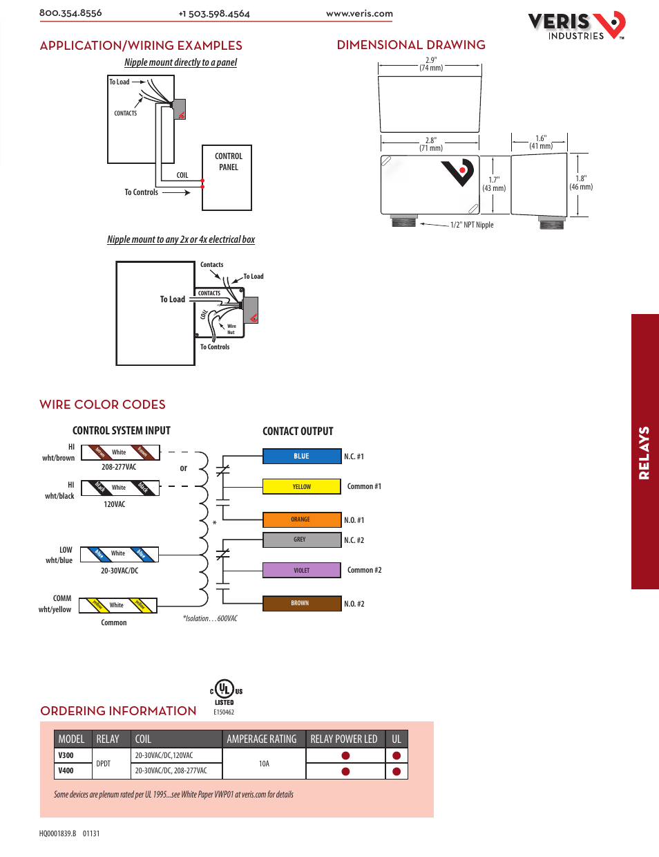 Rel ay s, Ordering information, Contact output control system input | Veris Industries V400 SERIES Datasheet User Manual | Page 2 / 2