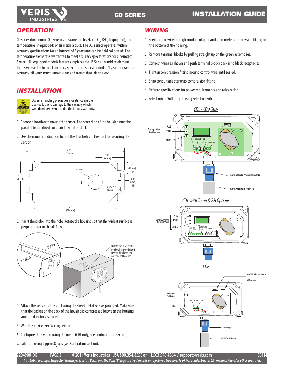 Installation guide, Installation, Wiring | Operation, Cd series, Cdl - co2 only cdl with temp & rh options cde, Cd series duct mount co, Sensors measure the levels of co | Veris Industries CD SERIES Install User Manual | Page 2 / 5