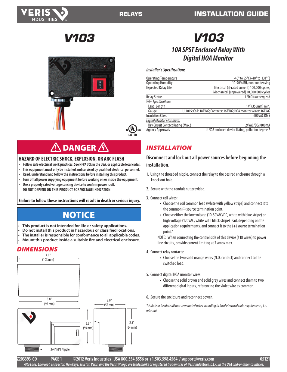 Veris Industries V103 Install User Manual | 2 pages