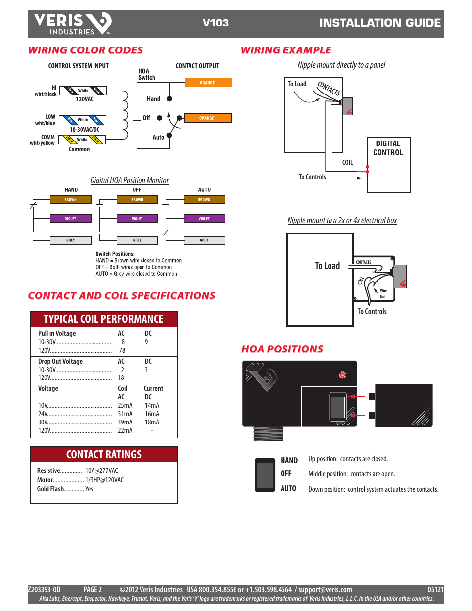 Typical coil performance contact ratings, Installation guide, Hoa positions wiring example | Wiring color codes contact and coil specifications | Veris Industries V103 Install User Manual | Page 2 / 2