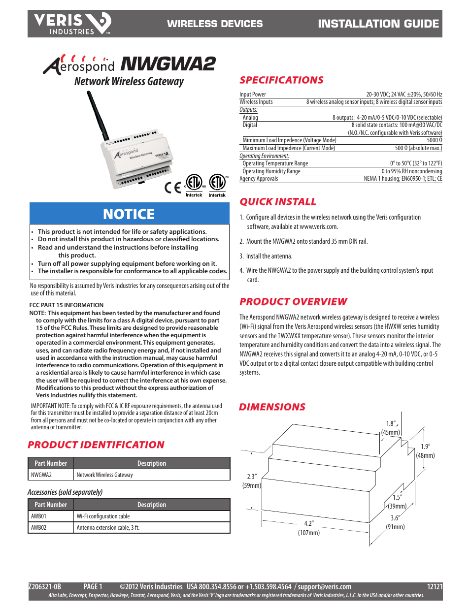 Veris Industries NWGWA2 Install User Manual | 2 pages