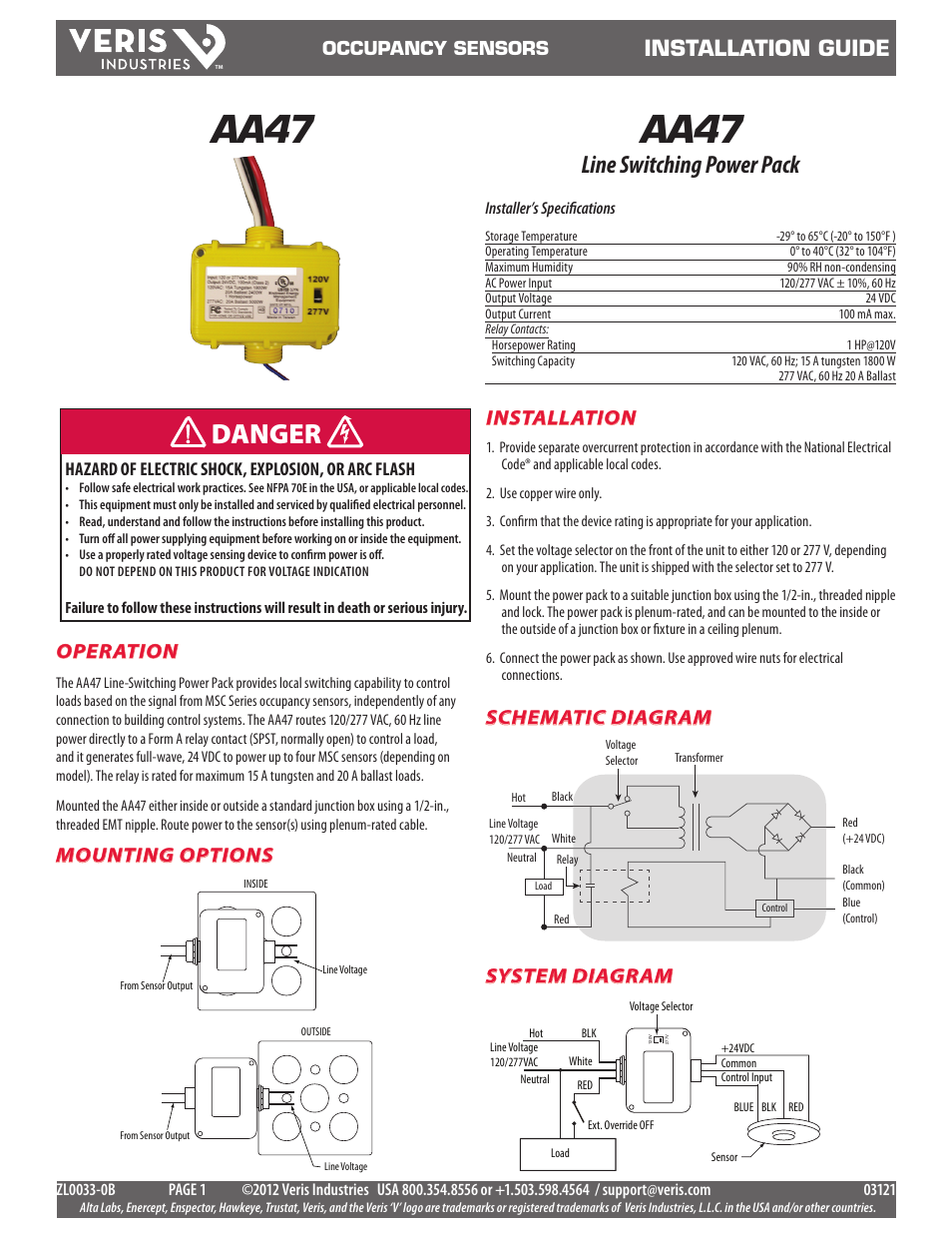 Veris Industries AA47 Install User Manual | 1 page