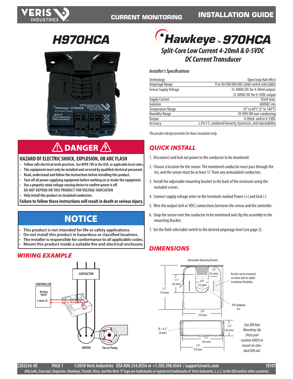 Veris Industries H970HCA Install User Manual | 2 pages