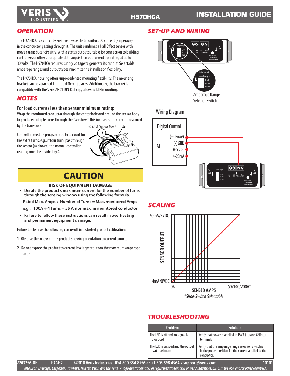 Caution, Installation guide, Wiring diagram digital control | Operation, Set-up and wiring, Scaling, Troubleshooting, Sensor output, H970hca, For load currents less than sensor minimum rating | Veris Industries H970HCA Install User Manual | Page 2 / 2