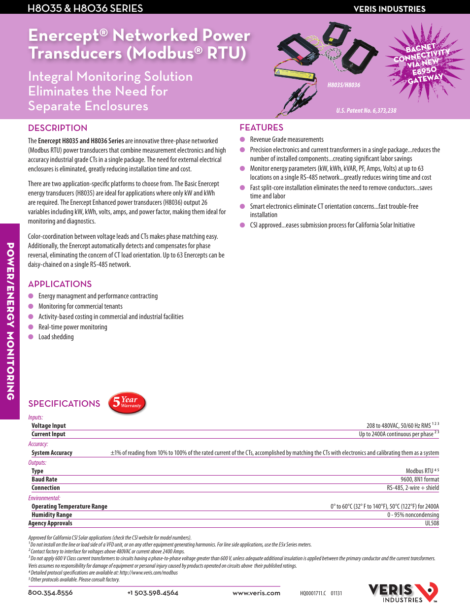 Veris Industries H8036 SERIES Datasheet User Manual | 2 pages