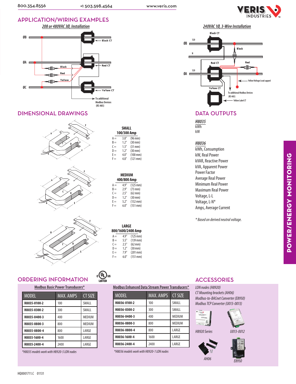 Po wer/ener g y monit oring, Application/wiring examples, Dimensional drawings | Accessories, Ordering information, Data outputs, Model max. amps ct size | Veris Industries H8036 SERIES Datasheet User Manual | Page 2 / 2
