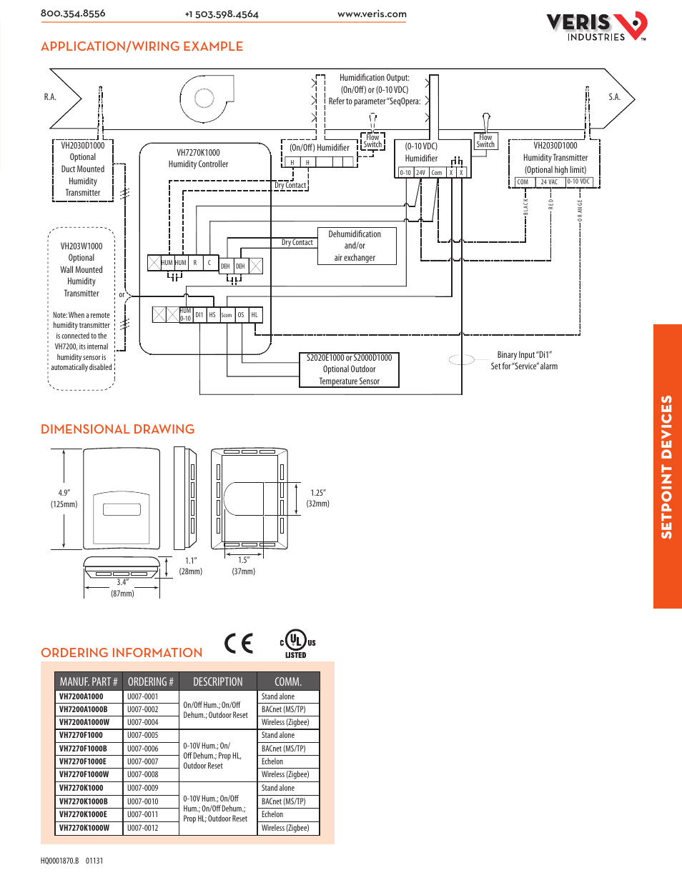 Setp oint de vices, Dimensional drawing, Application/wiring example | Ordering information, Manuf. part # ordering # description comm | Veris Industries VH7200 SERIES Datasheet User Manual | Page 2 / 2