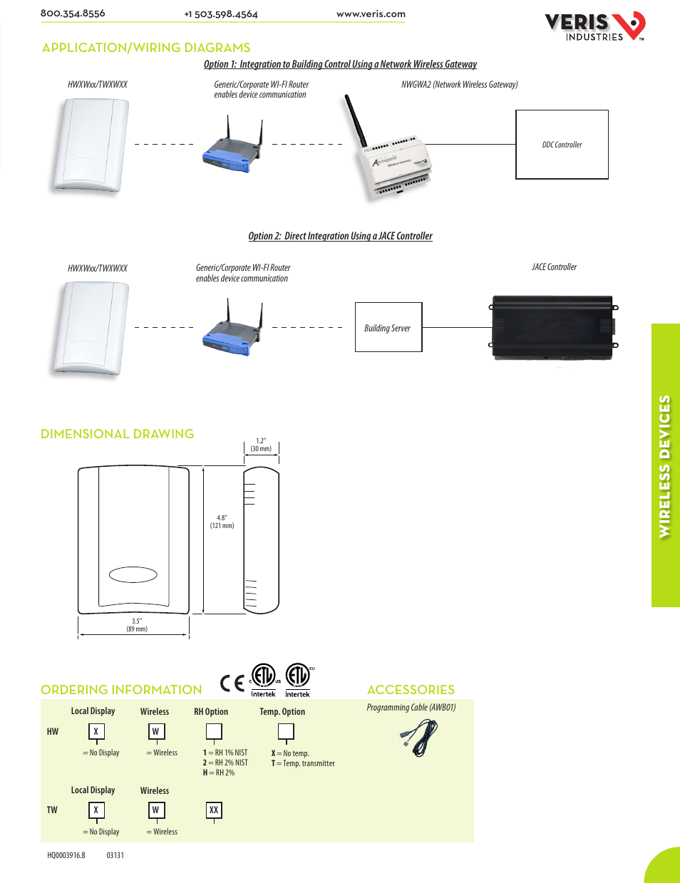 Wireless de vices, Application/wiring diagrams dimensional drawing, Ordering information | Accessories | Veris Industries TWXWXX SERIES Datasheet User Manual | Page 2 / 2