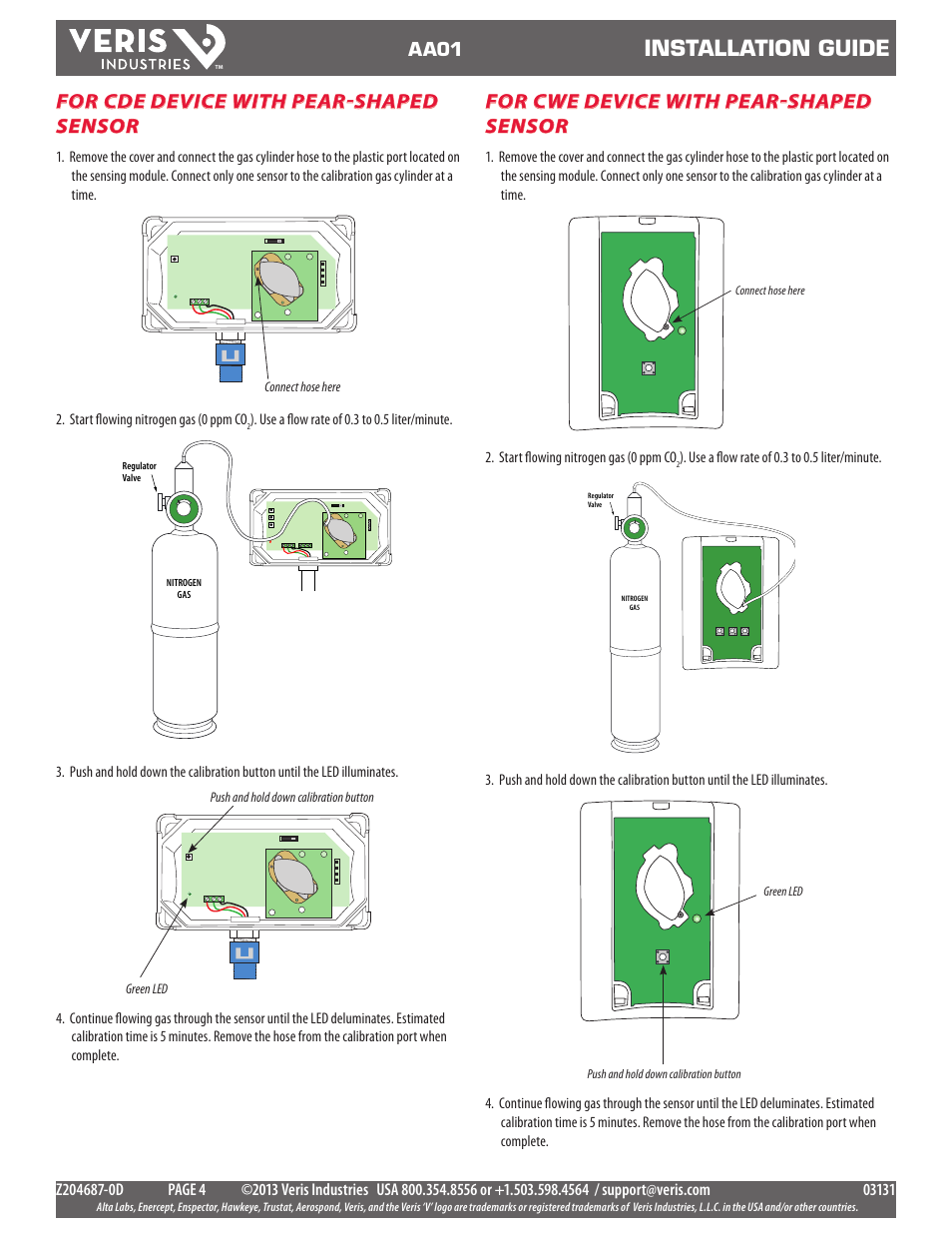 Installation guide, For cde device with pear-shaped sensor, For cwe device with pear-shaped sensor | Aa01 | Veris Industries AA01 Install User Manual | Page 4 / 4