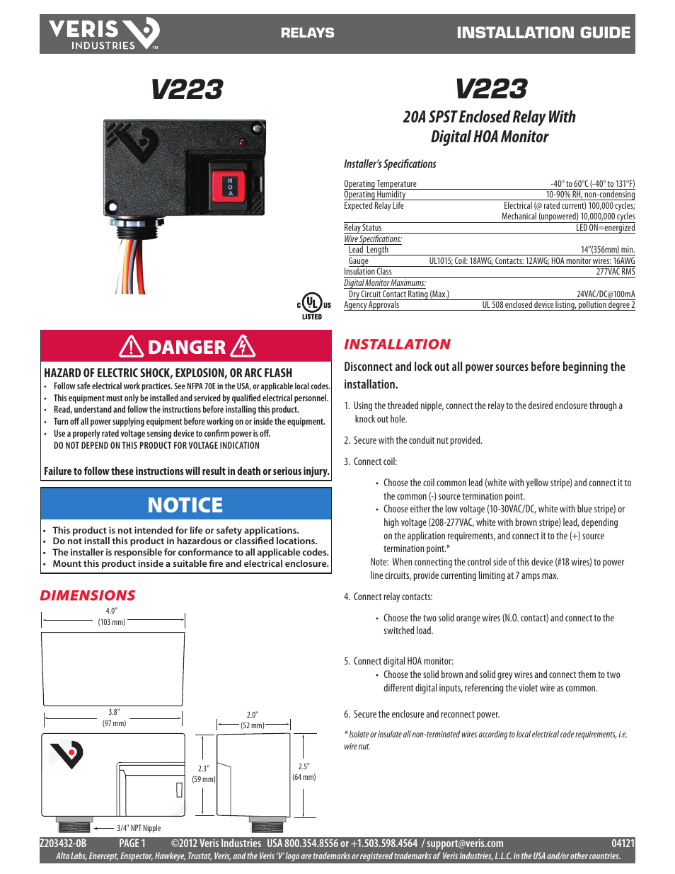 Veris Industries V223 Install User Manual | 2 pages