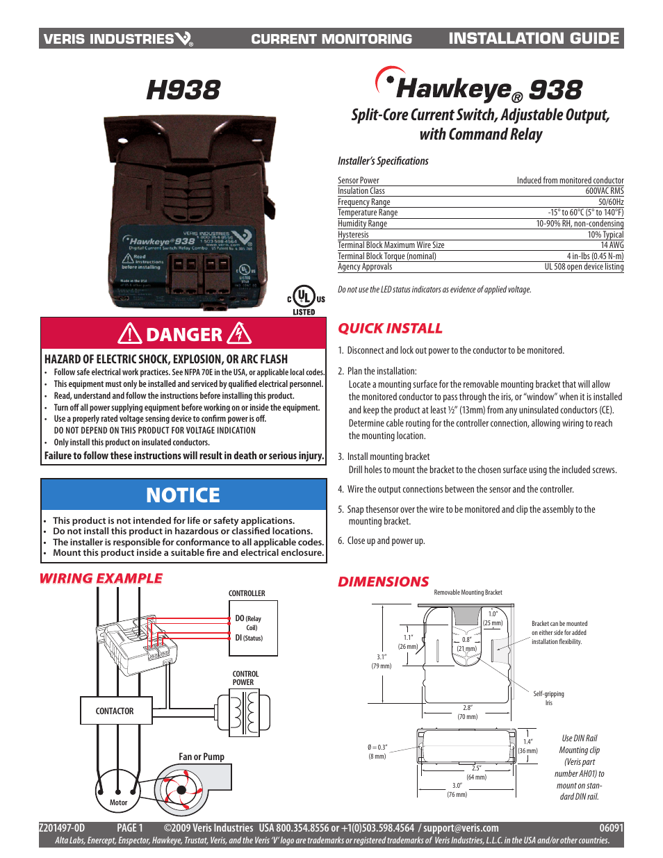 Veris Industries H938 Install User Manual | 2 pages